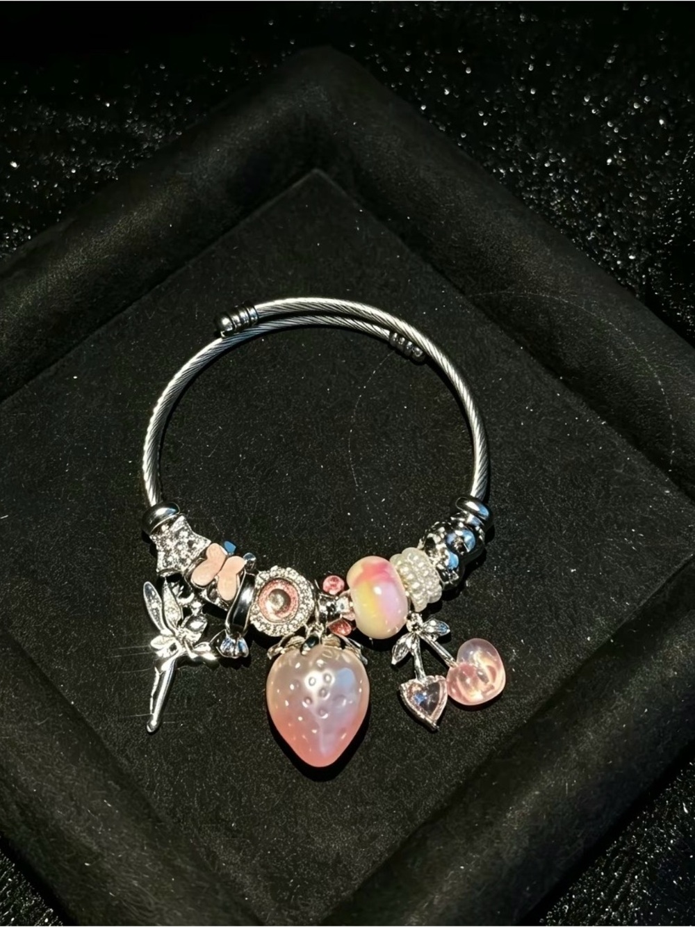 Silver Twist Bangle Charm Bracelet with Pink Strawberry and Pastel Beads